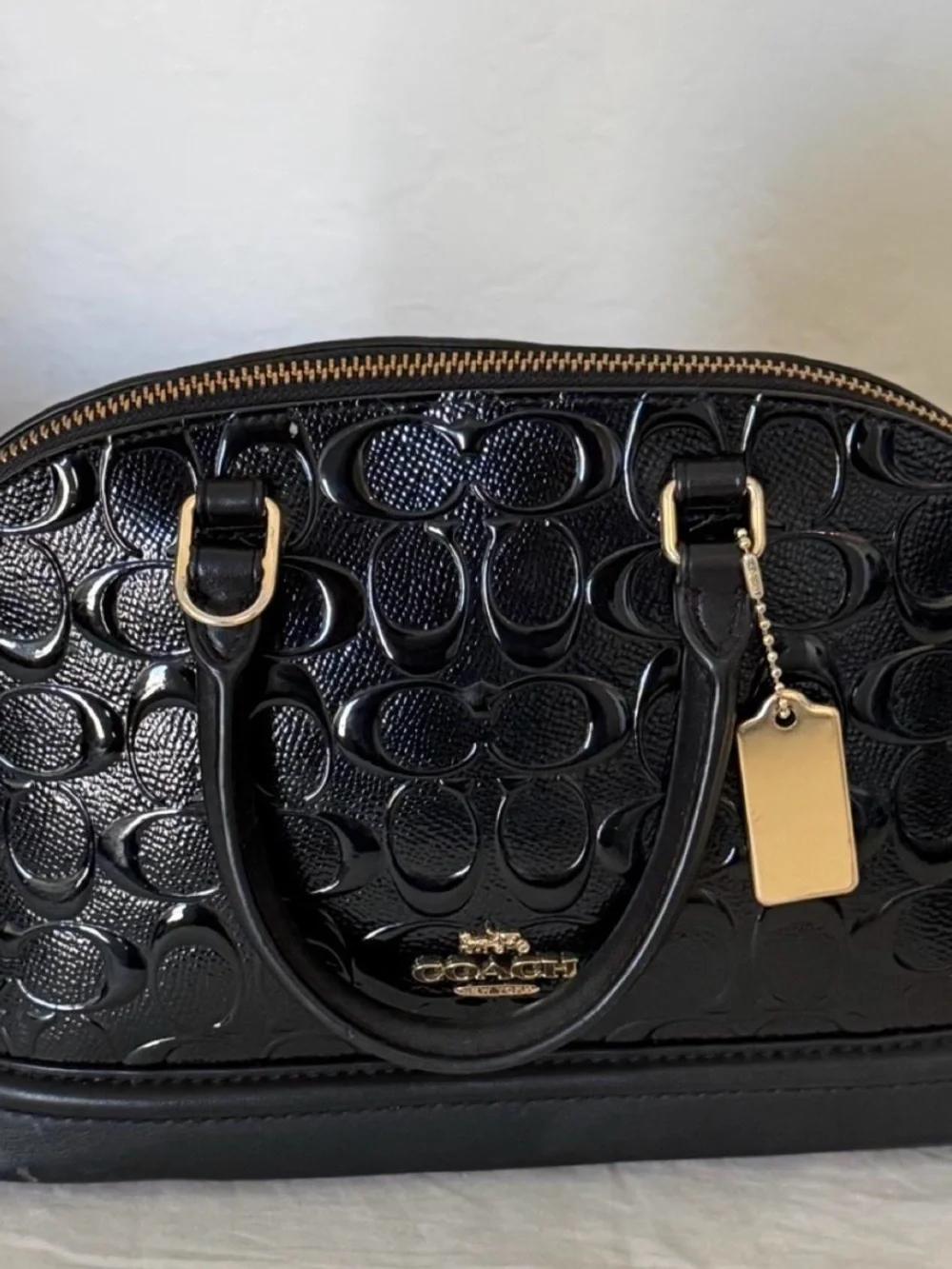 COACH Black Patent Signature Dome Satchel with Gold Hardware